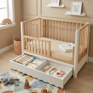 Cherish Solid Pine Baby Cot with Rail Set in White and Natural