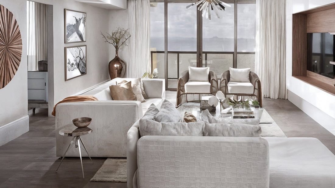Bright, modern, and stylish living room with white sectional sofa and floor-to-ceiling windows, illustrating budget-friendly renovation ideas for luxury home decor.