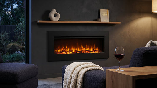 Wall mounted electric fireplace in dark cosy living room