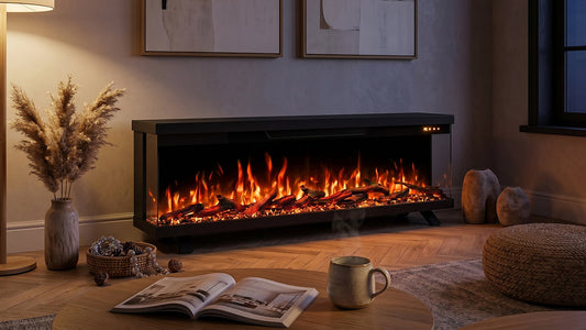 Freestanding electric fireplace in cosy living room at night