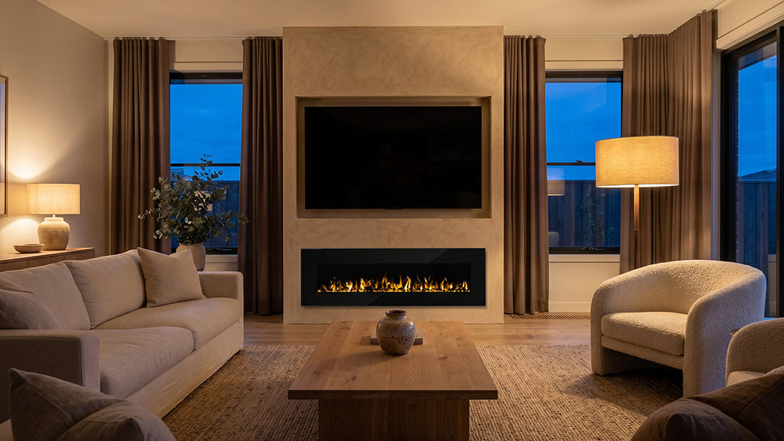 Modern living room with TV and built-in electric fireplace
