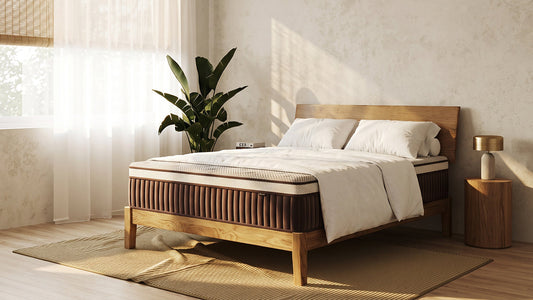 Timber bed frame with grey mattress and white bedding in bright bedroom