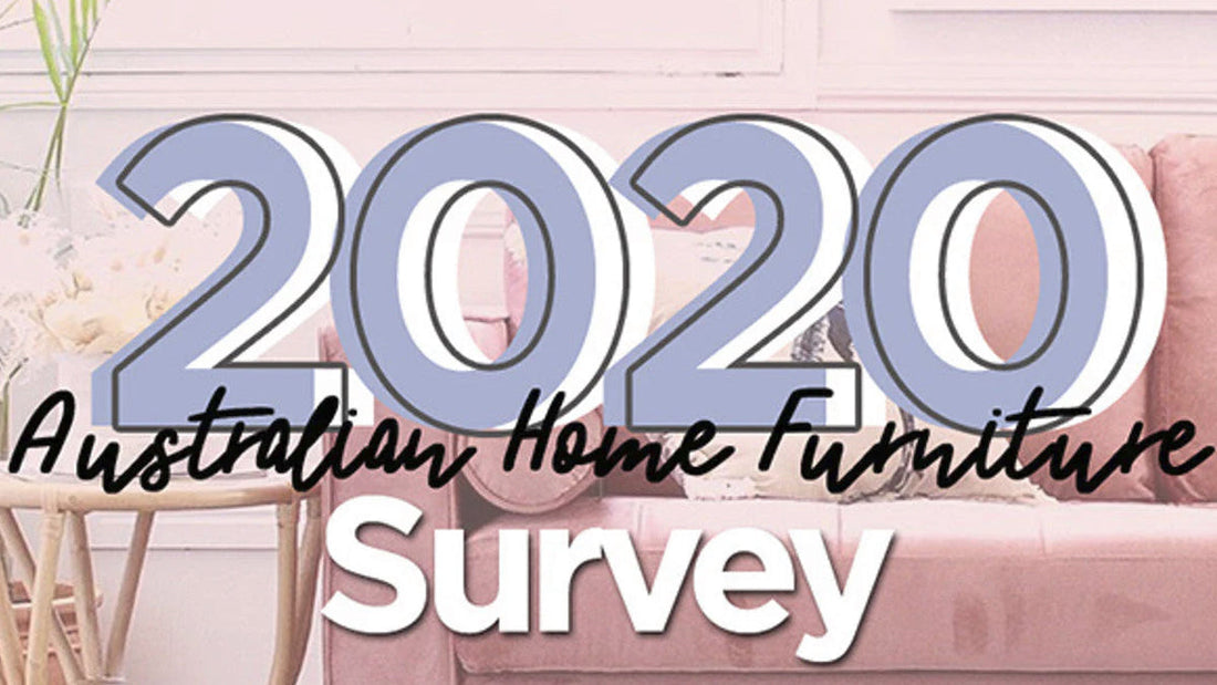 Image banner for the 2020 Australian Home Furniture Survey results, featuring a pink sofa and rattan side table.