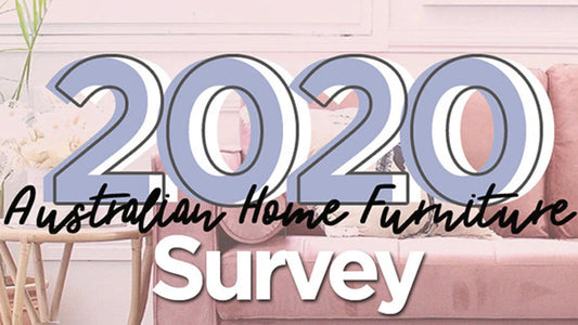 Image banner for the 2020 Australian Home Furniture Survey results, featuring a pink sofa and rattan side table.