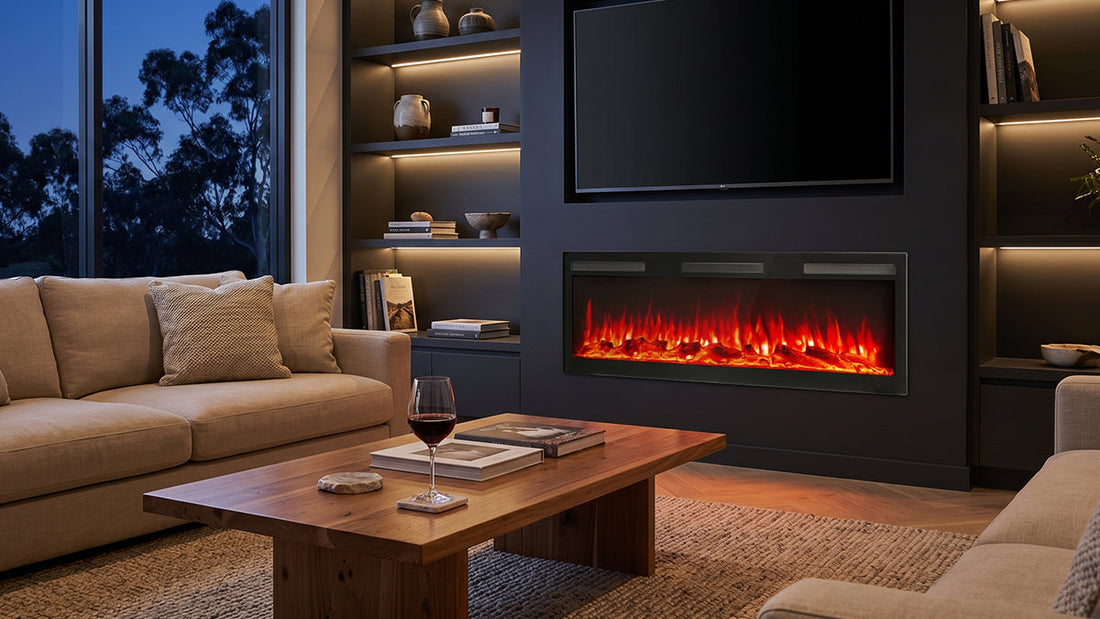 Built-in electric fireplace with TV above in modern living room