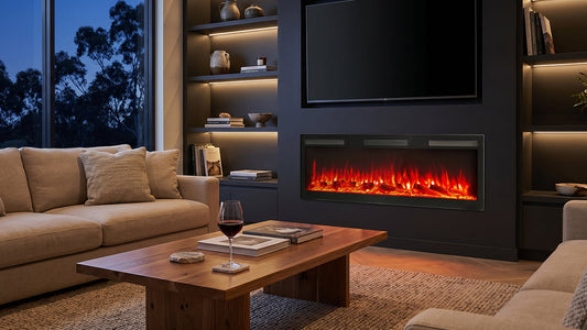 Built-in electric fireplace with TV above in modern living room