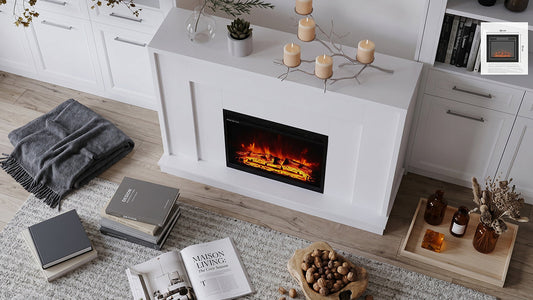 White electric fireplace with candles and cosy living room decor