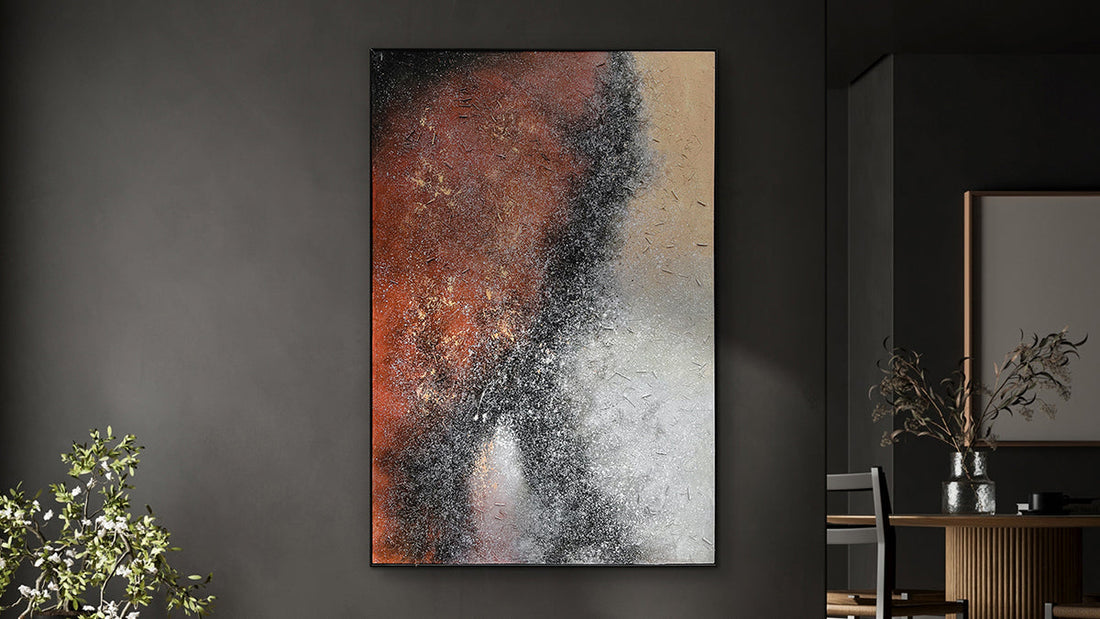 Nebula Textured Acrylic Framed Canvas displayed in a modern living space, showcasing its captivating abstract design and how it creates a cosmic focal point in a room.