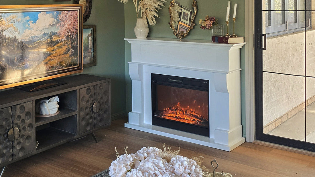 White mantel style electric fireplace in a cozy Australian living room, showcasing freestanding and built-in options for home heating and decor.