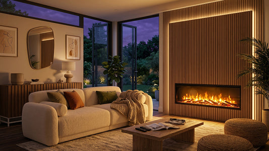 Modern living room with built-in electric fireplace and timber feature wall