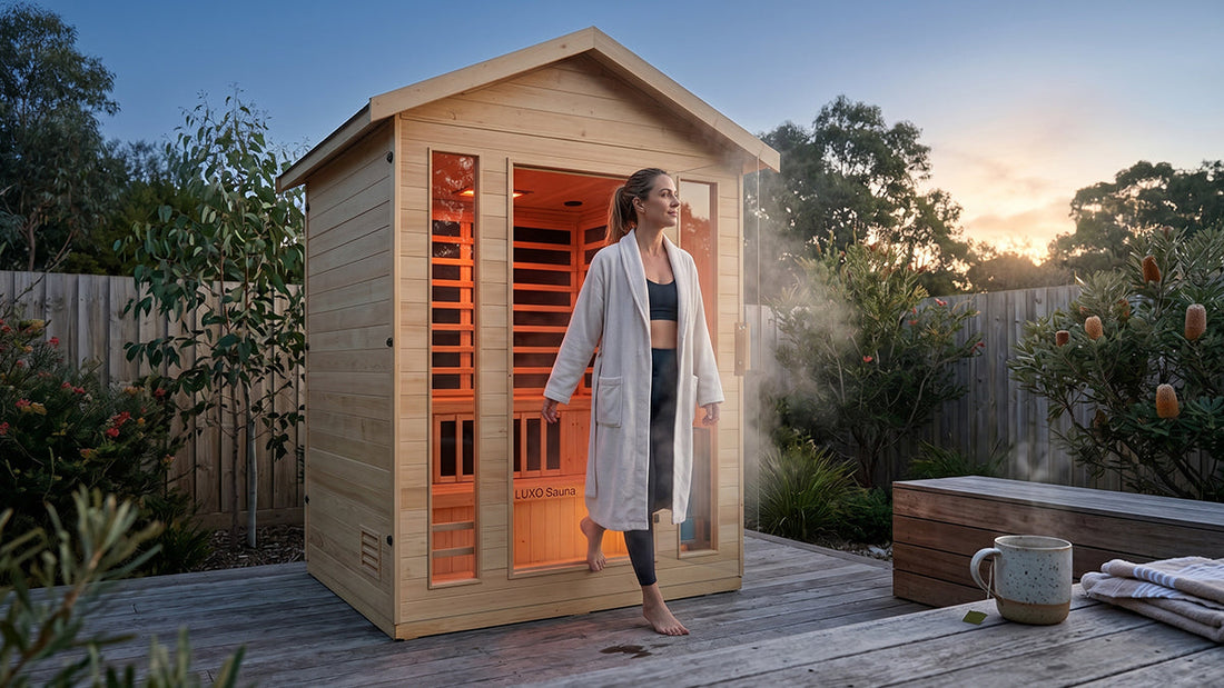 Woman leaving outdoor timber sauna with steam on backyard deck