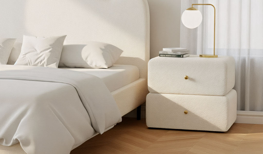 A modern bedroom features an off-white upholstered bed and a chunky, two-drawer bedside table covered in a cream textured fabric (like boucle) with small brass pulls. On top is a simple brass lamp with a spherical white shade.