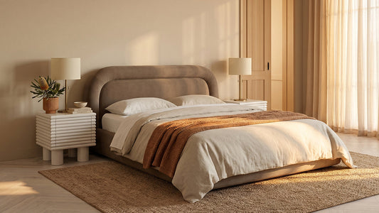 Beige upholstered bed with matching bedside tables in warm bedroom