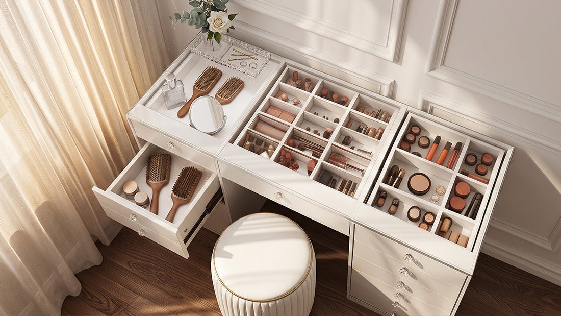 White makeup vanity with organised beauty storage and stool