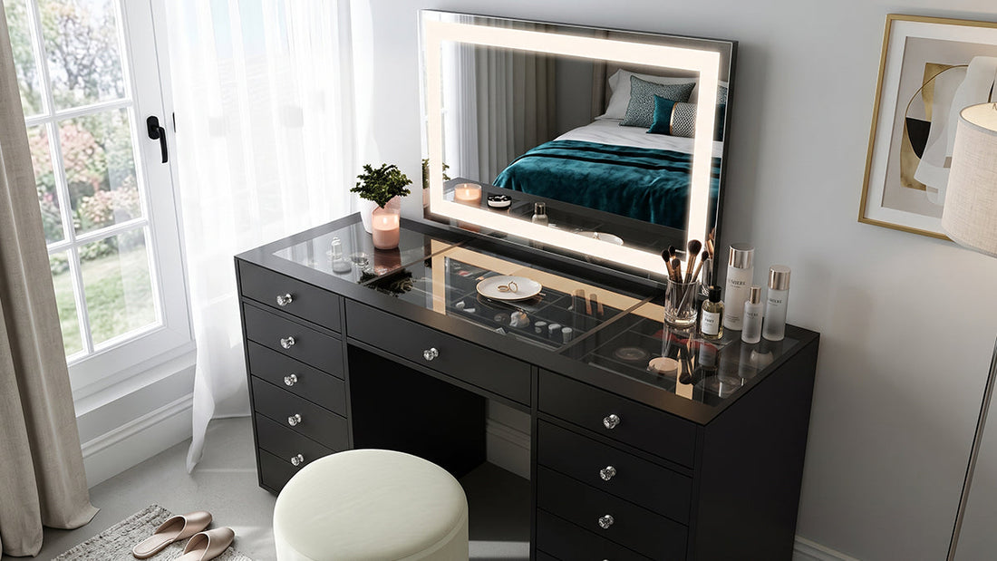 Black makeup vanity with LED mirror, glass top and storage drawers