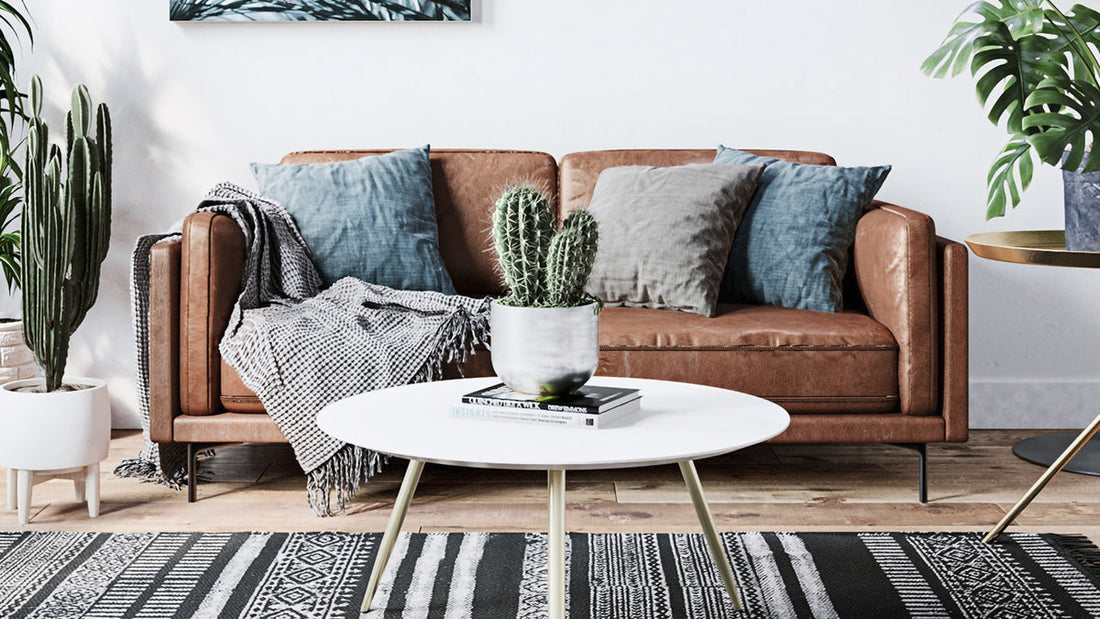 Stylish living room with a brown leather sofa, cactus, and modern coffee table, illustrating a smart shopper's guide for buying furniture online.