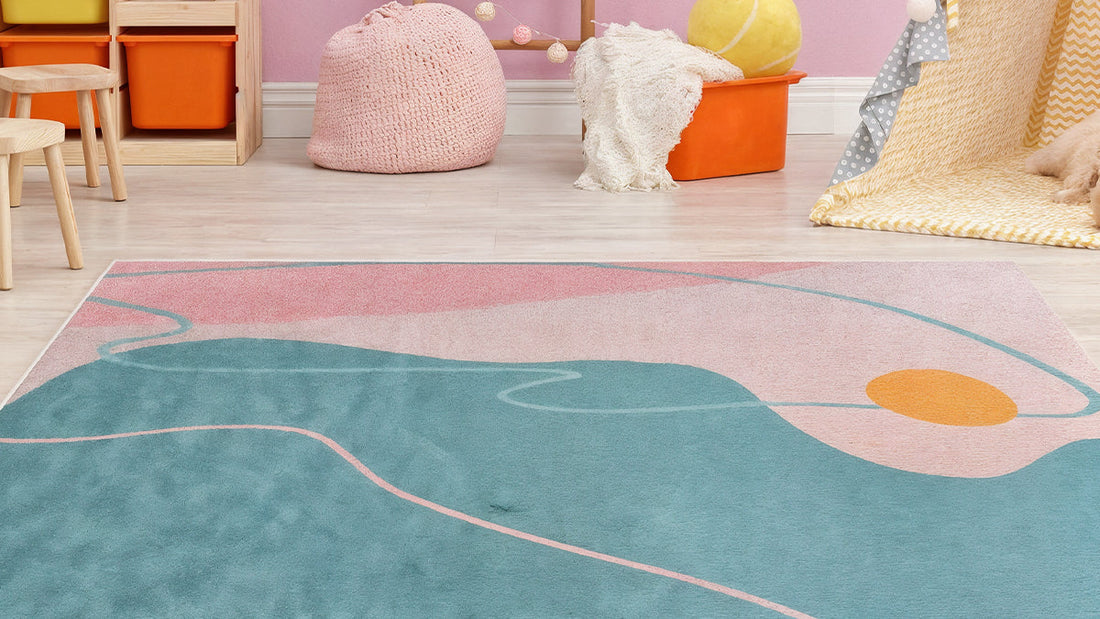 Narsen 120x170cm Kids Modern Abstract Floor Rug displayed in a vibrant play area, featuring squiggly lines and a yellow ball, complementing the cozy setting with stools, a teepee, and decorative lights.