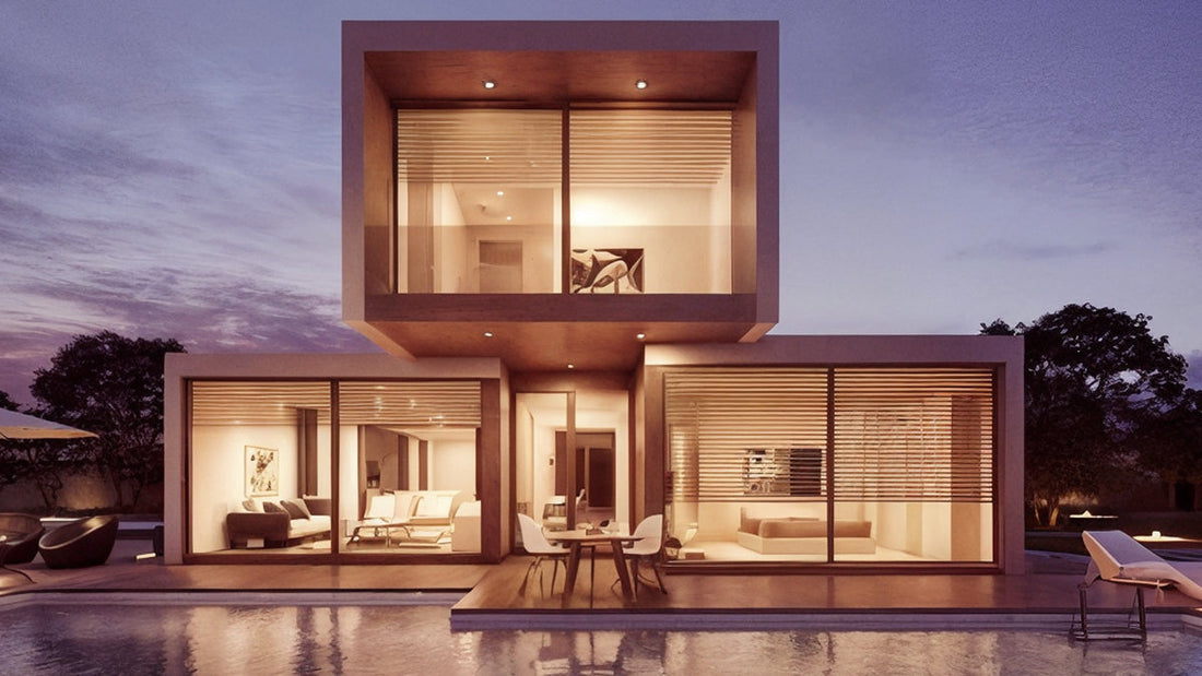 Exterior view of a modern luxury home at dusk, illustrating simple home improvement tips for curb appeal and interior refresh without major renovation.