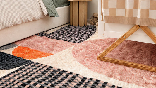 Close-up of the Kangos Contemporary Art Rug 200x300cm, showcasing its modern design with contrasting printed patterns, providing texture and style, perfect for enhancing interior spaces.