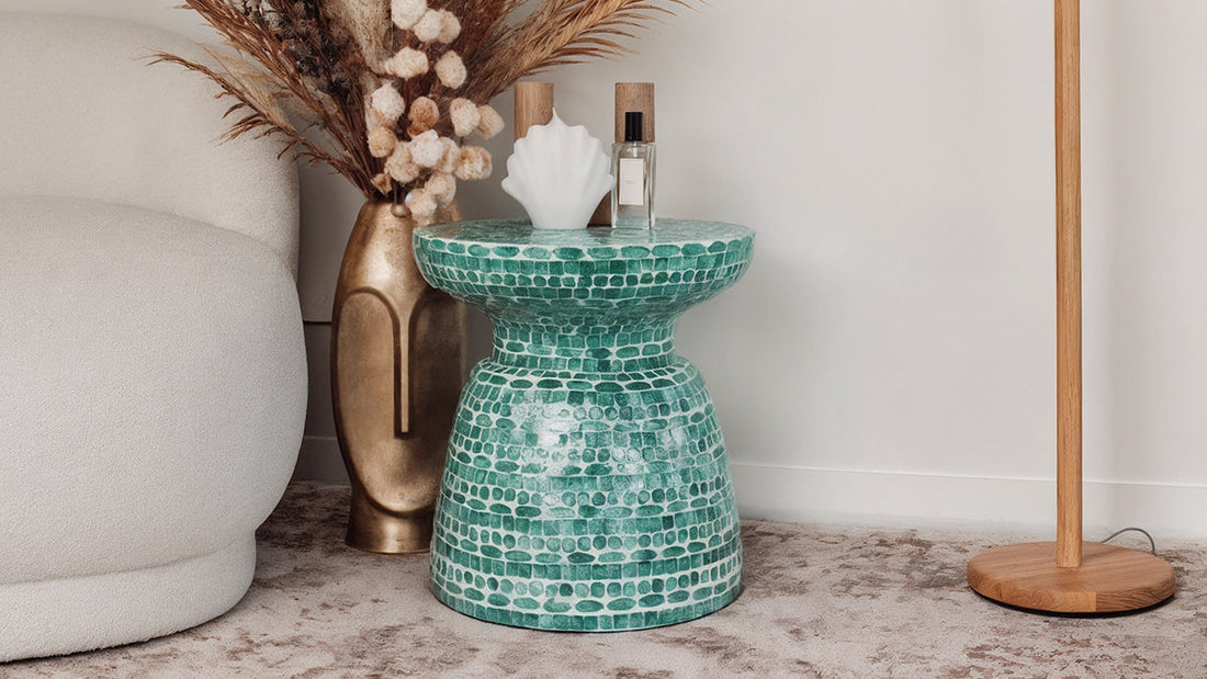 Luna 38cm Mother of Pearl Inlay Coffee Table in Jade Green, showcasing its intricate mosaic design and round shape, capturing the elegance and artisanal craftsmanship of this luxurious piece.