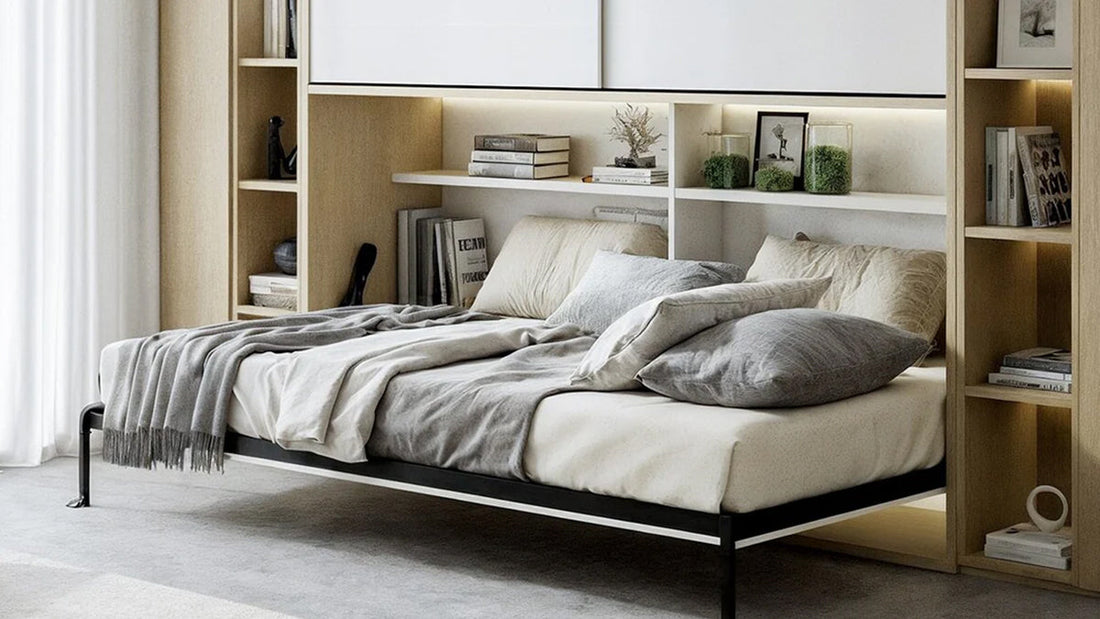  A modern Murphy bed is shown pulled down and ready for use in a compact room. 