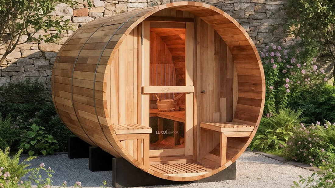 Outdoor wooden barrel sauna surrounded by greenery and stone wall