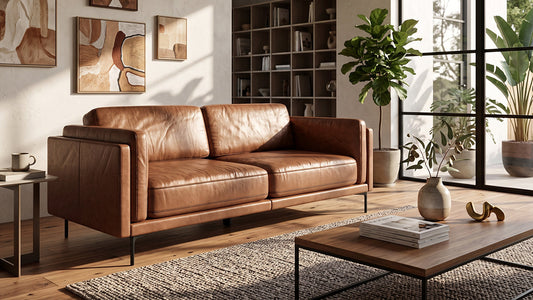 Tan leather two-seater sofa with slim black metal legs, set in a modern living room with a wooden coffee table and bookshelf.