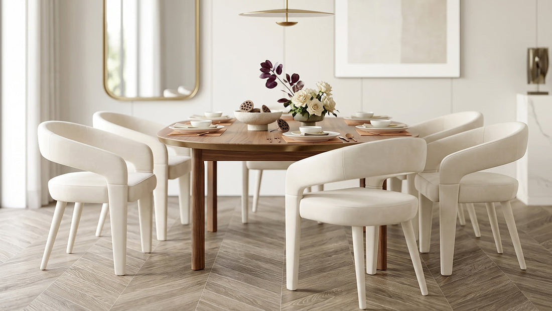 A modern dining set comprising a circular wooden table paired with four off-white upholstered dining chairs featuring curved backrests and continuous arm supports, arranged on a herringbone-patterned floor in a bright, minimalist dining room.