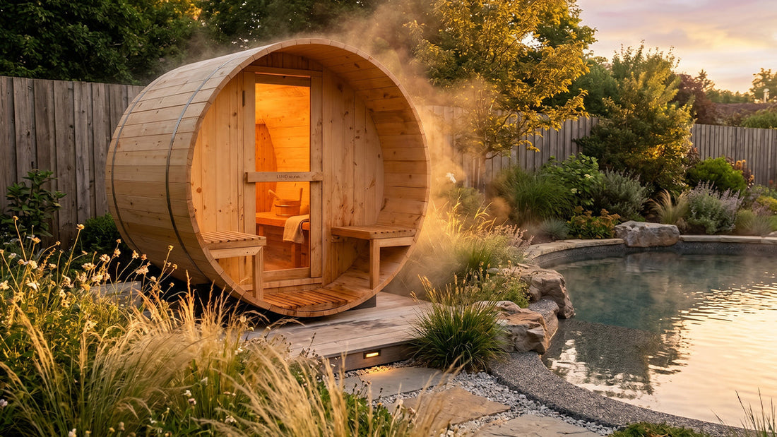 Outdoor barrel sauna beside pool with steam in garden setting