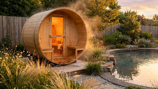 Outdoor barrel sauna beside pool with steam in garden setting