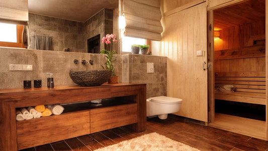 Bathroom entryway view of a traditional wood sauna and sink area, for a comparison between traditional and infrared sauna types.