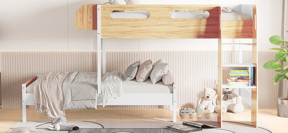 Modern children's bedroom corner with a two-tier wooden bunk bed, white metal frame, light-gray bedding, decorative pillows, and built-in ladder shelving with colorful books and a potted plant.
