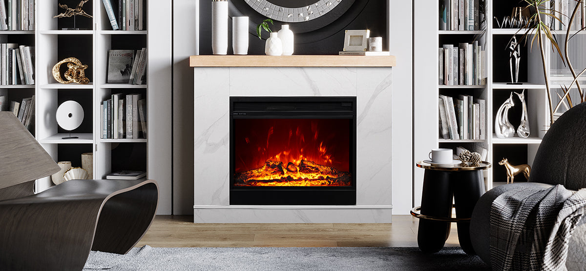 Cozy living room with an electric fireplace, round mirror, dark-wood lounge chair, black side table with coffee cup, and a dark sofa with gray throw.