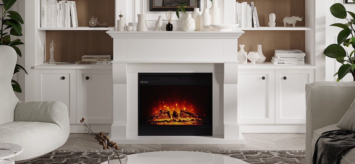 Cozy living-room with white mantelpiece featuring electric fireplace, flanked by styled shelves with books, ceramics, and decor. Round coffee table, patterned rug, and upholstered seating complete the serene setting.