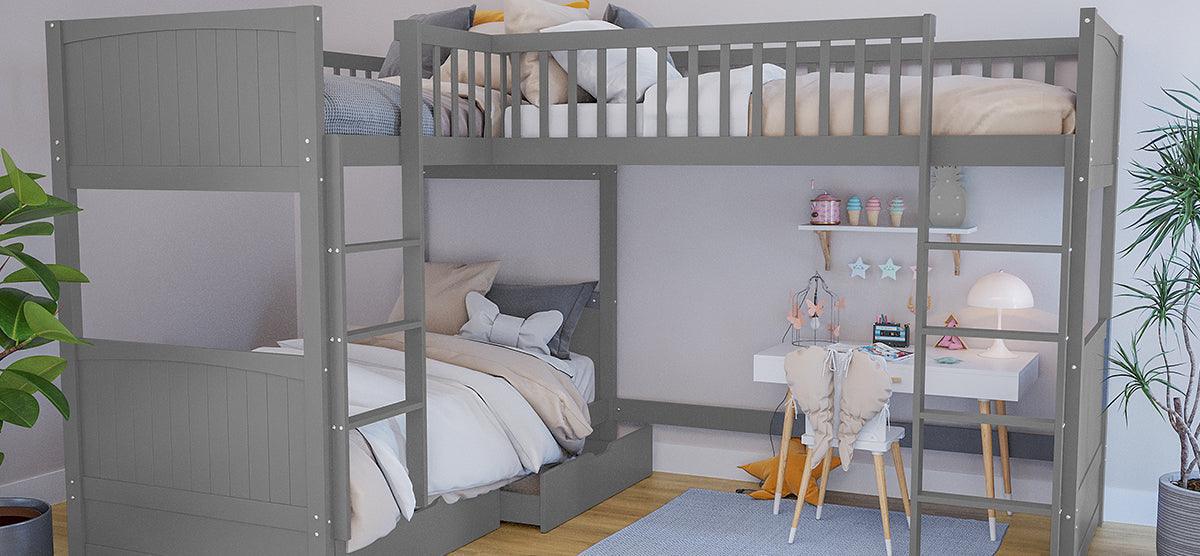 Children's bedroom corner with a gray wooden bunk-bed, built-in desk with a white lamp, decorative objects, winged chair, and a potted plant, creating a cozy study-sleep space.