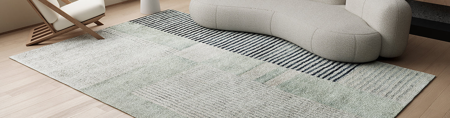 Elimas Soft Contemporary Printed Rug 200x300cm displayed in an indoor setting, showcasing its modern pattern and soft texture, complemented by surrounding decor including a lamp and open book.