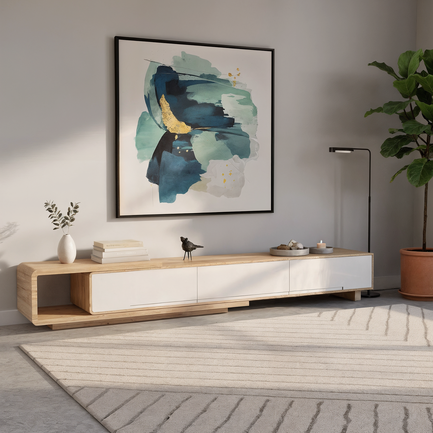 Minimalist wooden TV stand with white drawers in a contemporary living room