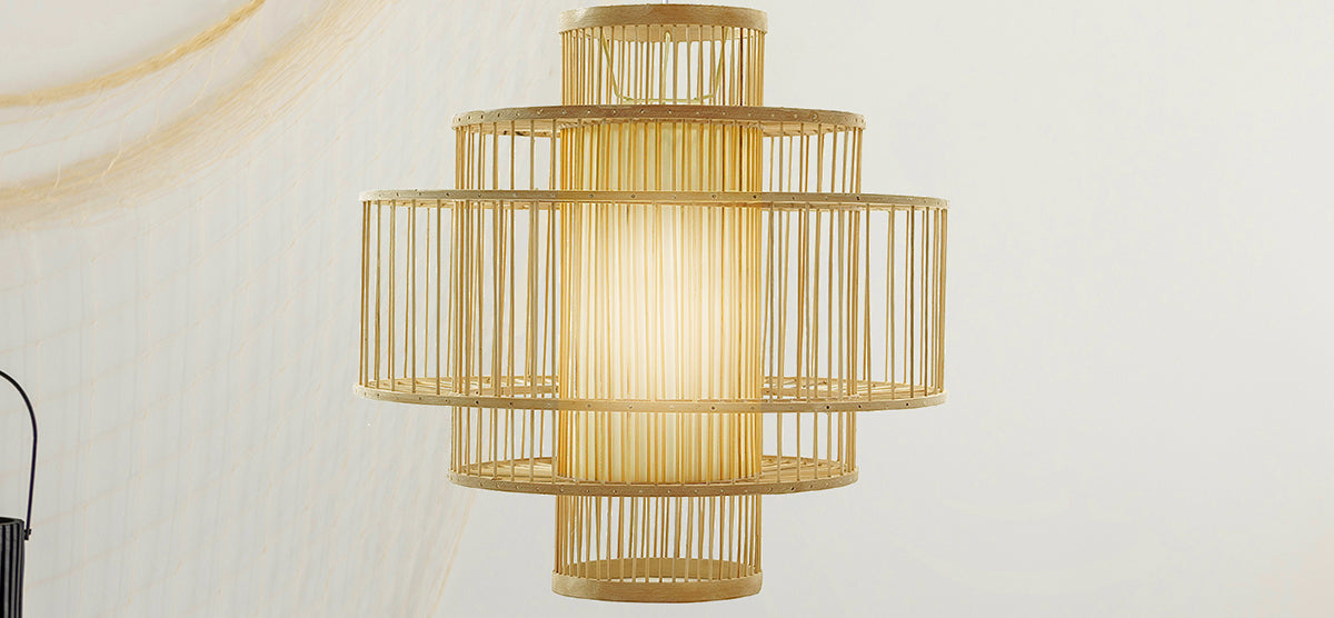 Glowing pendant light fixture featuring a tiered, cage-like shade made from thin wooden slats, creating an open-weave design.