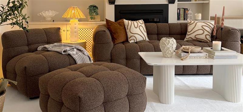 First access: Sculptural concrete & brown boucle