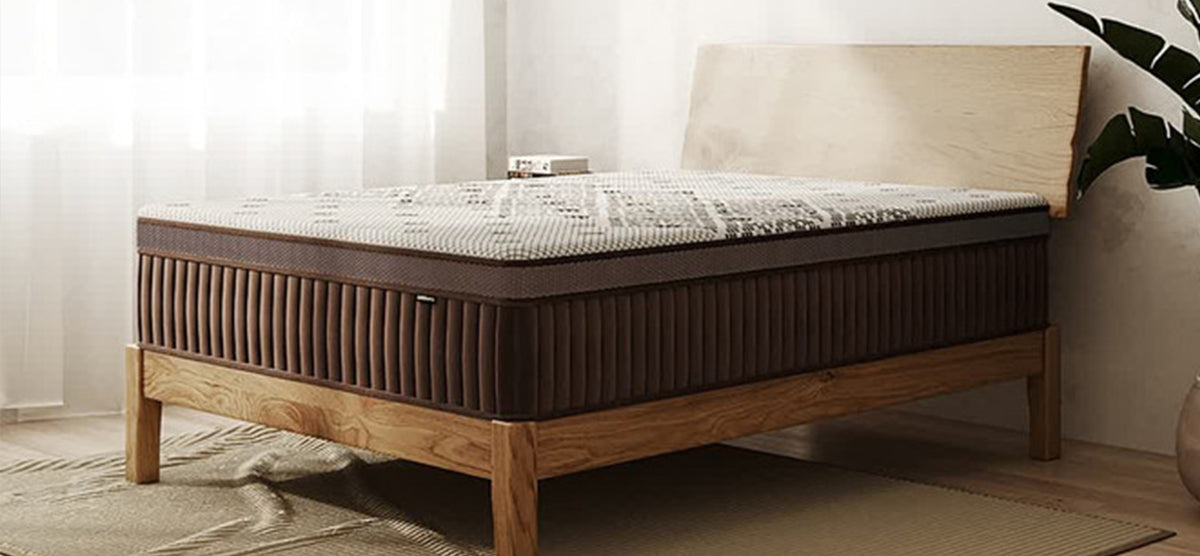 Modern bedroom with a low wooden platform bed featuring a thick two-tone mattress, wooden headboard with books, natural-fiber rug, and potted plant. Soft daylight filters through sheer curtains.