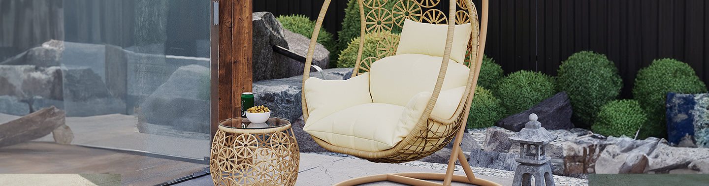 Aarani Rattan Egg Chair & Side Table Set - Natural: Outdoor egg chair with intricate rattan weaving, sturdy steel frame, and round side table featuring tempered glass top, set on a patio.