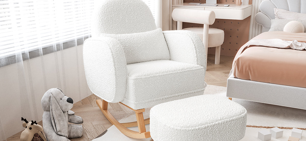 Scandinavian-inspired children's room with white boucle rocking chair, plush toys, peachy-beige bed, desk with pink pegboard, sheer curtains, light wood flooring, and neutral rug.