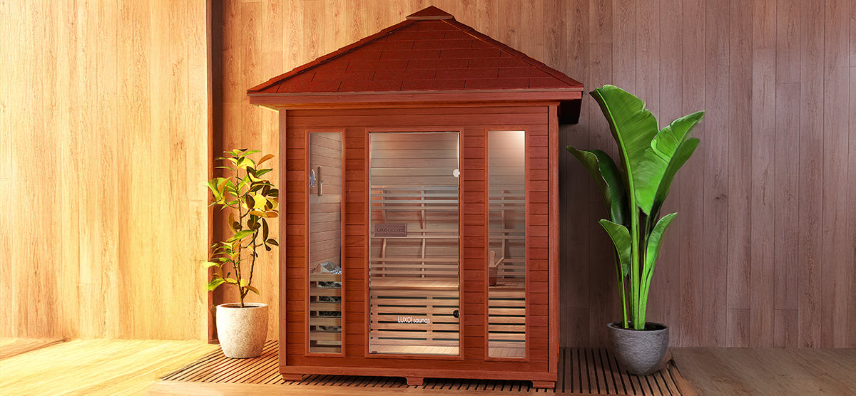 Wooden sauna cabin with a pitched roof featuring three full-height glass panels, revealing interior bench seating, flanked by a leafy green plant and a tall broad-leaf plant.