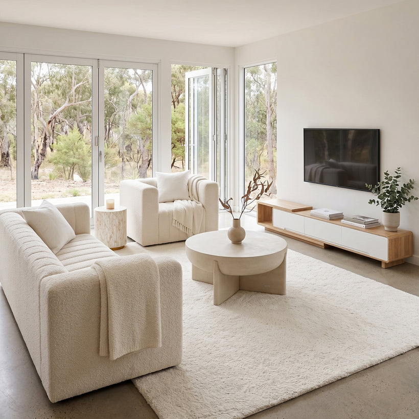 Bright, modern nursery featuring a white and natural wood crib, white changing dresser, cozy boucle armchair with matching ottoman, abstract pink and terracotta area rug, woven pendant light, botanical wall art, sheer curtains, and soft neutral décor creating a warm, calming space for a baby.
