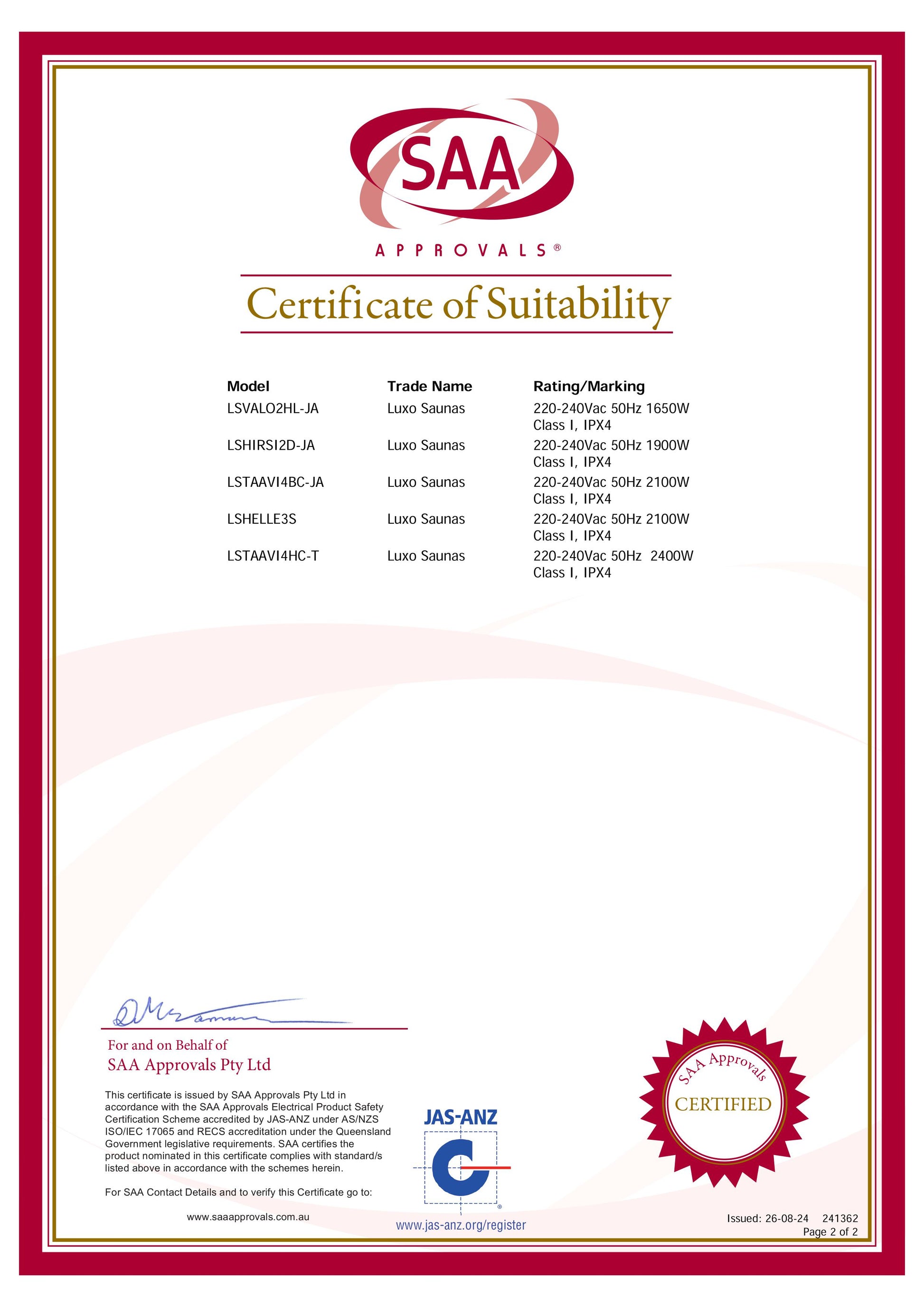 Helle 3 Person Carbon Fibre Infrared Indoor Home Sauna certificate by SAA Approvals. Lists approved Luxo Saunas models with electrical safety and ingress protection details. Includes SAA and JAS-ANZ logos.