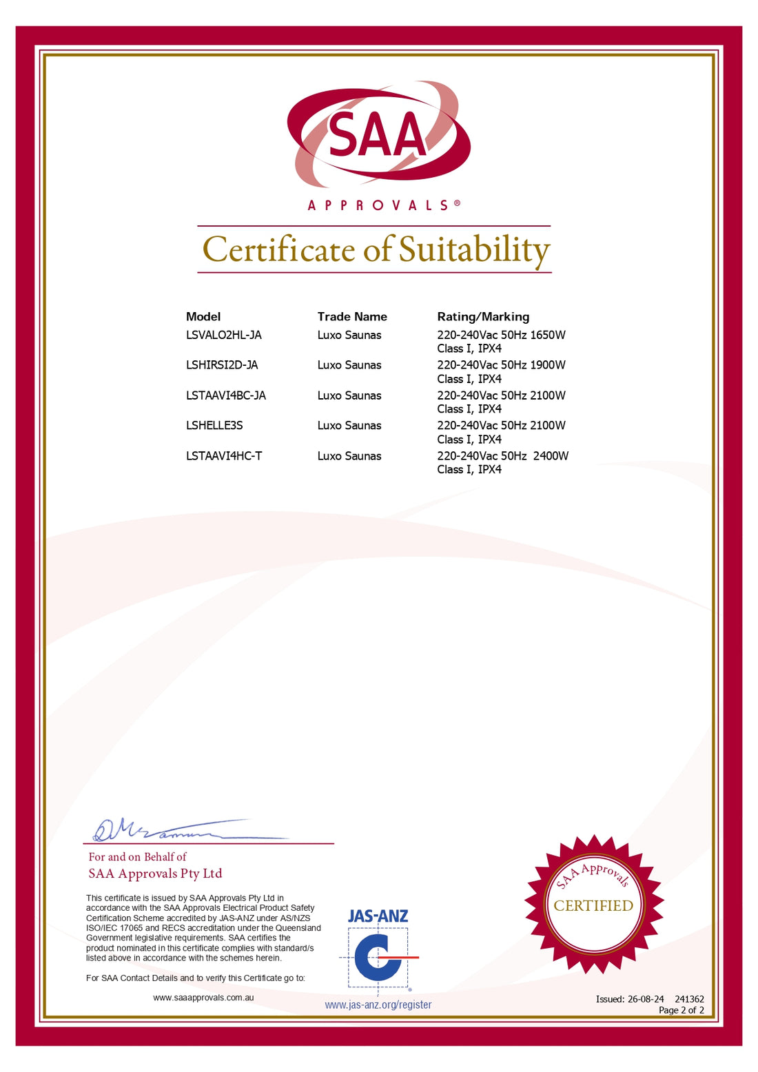 Taavi 4 Person Corner Carbon Fibre Infrared Indoor Sauna certificate page, listing Luxo Saunas models, electrical ratings, and safety certification. Includes SAA Approvals logo, signature block, and certification seal.