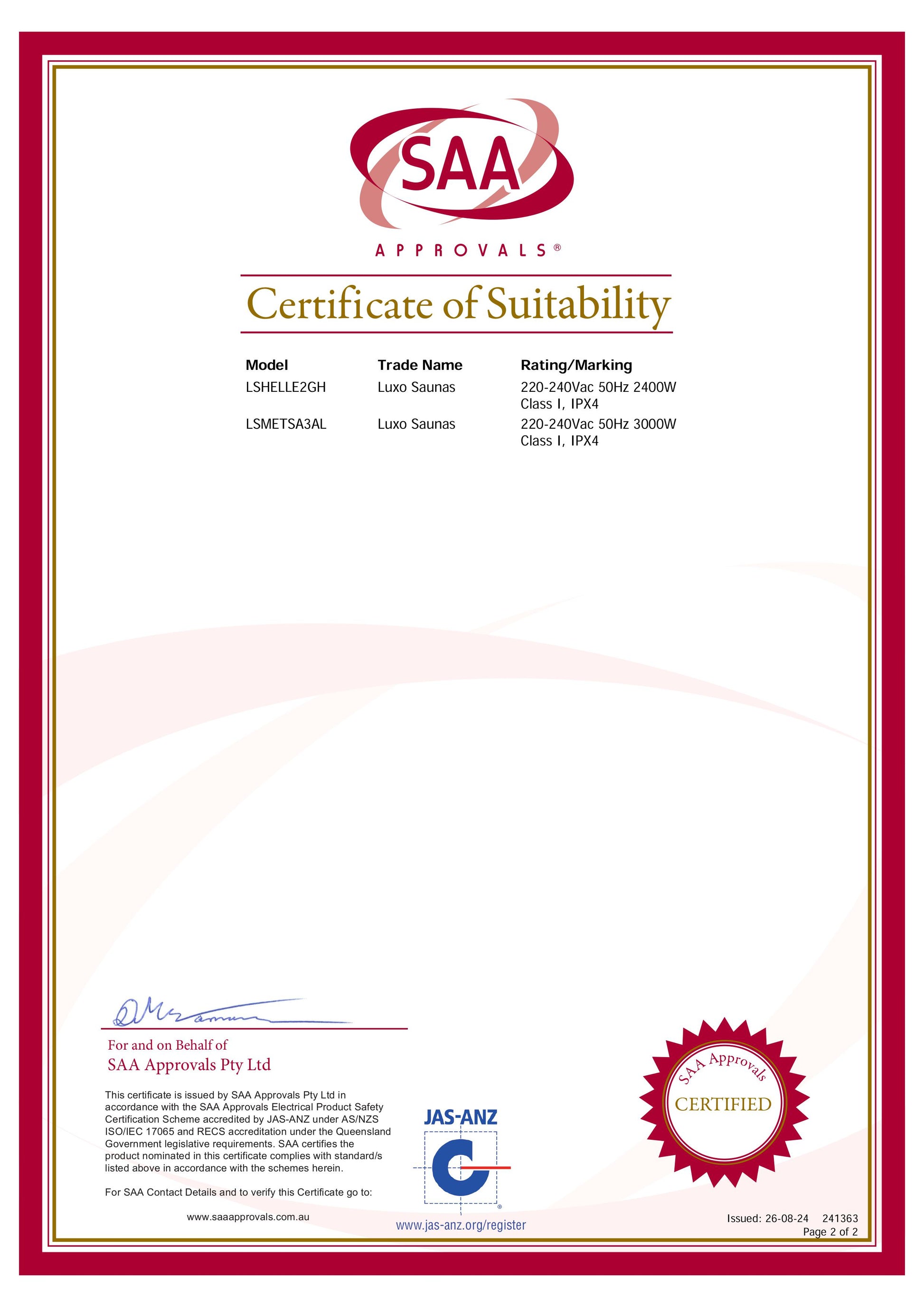 Certificate for Metsa 3 Person Hybrid Carbon Fibre Indoor Infrared Sauna, listing two sauna models, LSHELLE2GH and LSMETSA3AL, approved for electrical safety under AS/NZS standards by SAA Approvals.