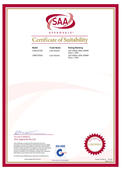 Certificate for Metsa 3 Person Hybrid Carbon Fibre Indoor Infrared Sauna, listing two sauna models, LSHELLE2GH and LSMETSA3AL, approved for electrical safety under AS/NZS standards by SAA Approvals.
