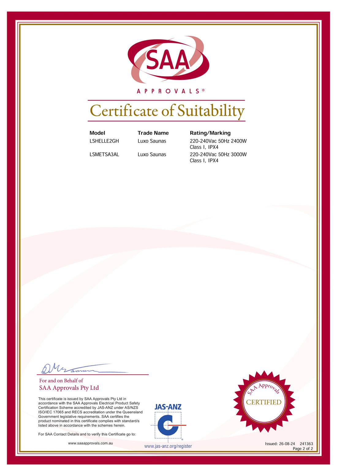 Certificate of Suitability for Helle 2-Person Hybrid Infrared Indoor Home Sauna, confirming compliance with Australian safety standards by SAA Approvals, featuring model details and certification information.