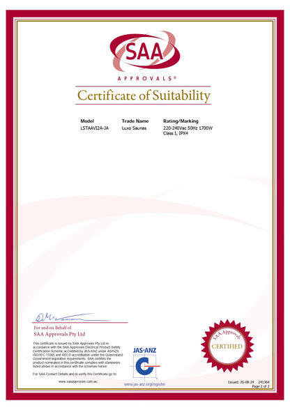 Taavi 2 Person Ceramic Infrared Indoor Home Sauna certificate page featuring SAA Approvals logo, model LSTAAV12A-JA details, JAS-ANZ logo, and CERTIFIED seal, highlighting Australian safety compliance and suitability for home use.